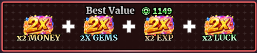 2x Money 2x Gems 2x EXP 2x Luck bundle Roblox boost items banner